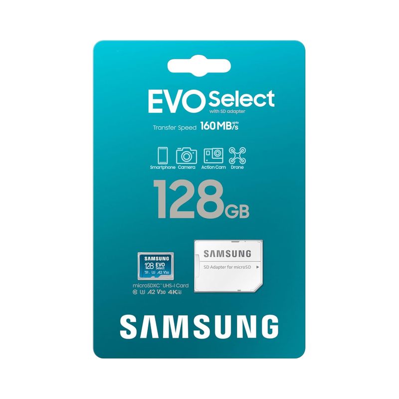 129913-4-Cartao_de_memoria_microSDXC_128GB_Samsung_EVO_Select_Ate_160_MBs_UHS_I_U3_A2_V10_c_Adaptador_MB_ME128SAAM_129913