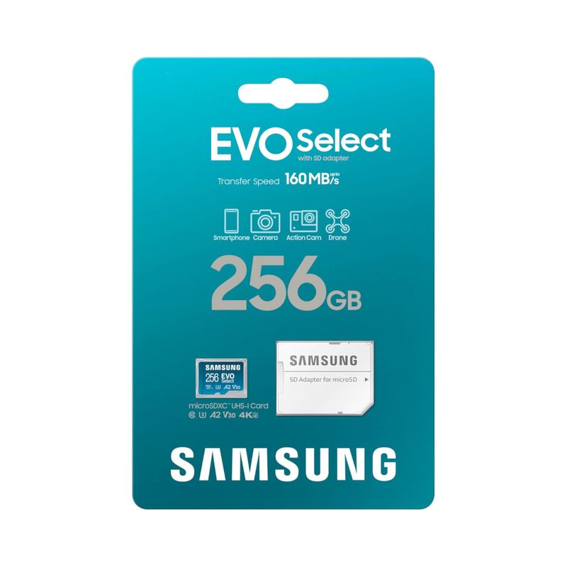 129911-4-Cartao_de_memoria_microSDXC_256GB_Samsung_EVO_Select_Ate_160_MBs_UHS_I_U3_A2_V10_c_Adaptador_MB_ME256SAAM_129911