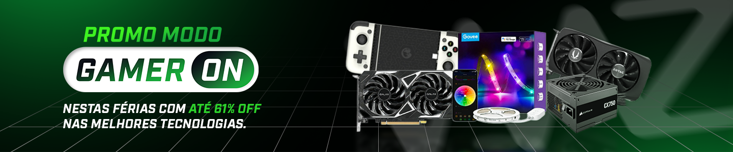 Banner promocional “Modo Gamer ON” com fundo verde escuro, anunciando até 61% de desconto em tecnologias para gamers. A imagem mostra placas de vídeo, uma fonte de alimentação, um kit de water cooler RGB e um console portátil, destacando promoções de férias para o público gamer​